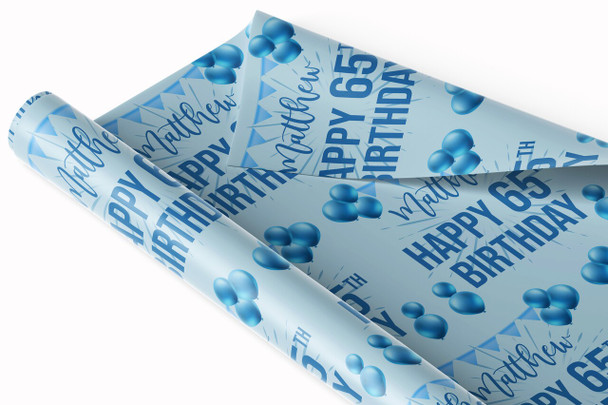 Personalised Wrapping Paper 65th Birthday Blue For Him Custom Gift Wrap