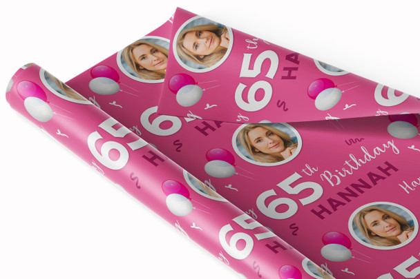 Personalised Wrapping Paper 65th Birthday Pink Photo Custom Gift Wrap