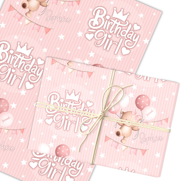 Personalised Wrapping Paper Kids Birthday Baby Pink Teddy Girls Custom Gift Wrap