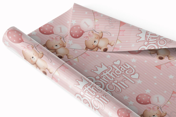 Personalised Wrapping Paper Kids Birthday Baby Pink Teddy Girls Custom Gift Wrap