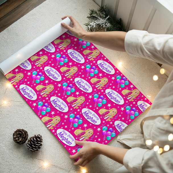 Personalised Wrapping Paper Kids Birthday Barbie Pink Girls Custom Gift Wrap