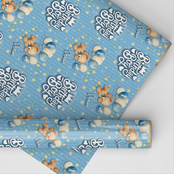 Personalised Wrapping Paper Kids Birthday Blue Boys Teddy Bear Custom Gift Wrap