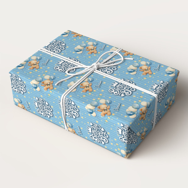 Personalised Wrapping Paper Kids Birthday Blue Boys Teddy Bear Custom Gift Wrap