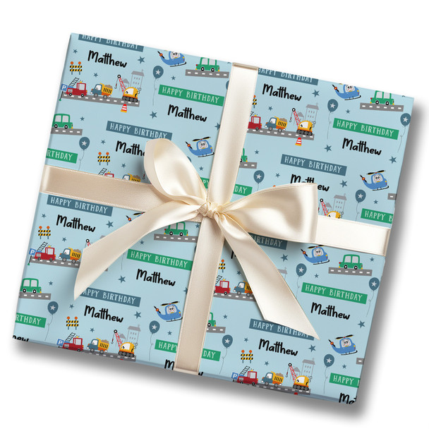 Personalised Wrapping Paper Kids Birthday Cars Lorries For Boys Custom Gift Wrap