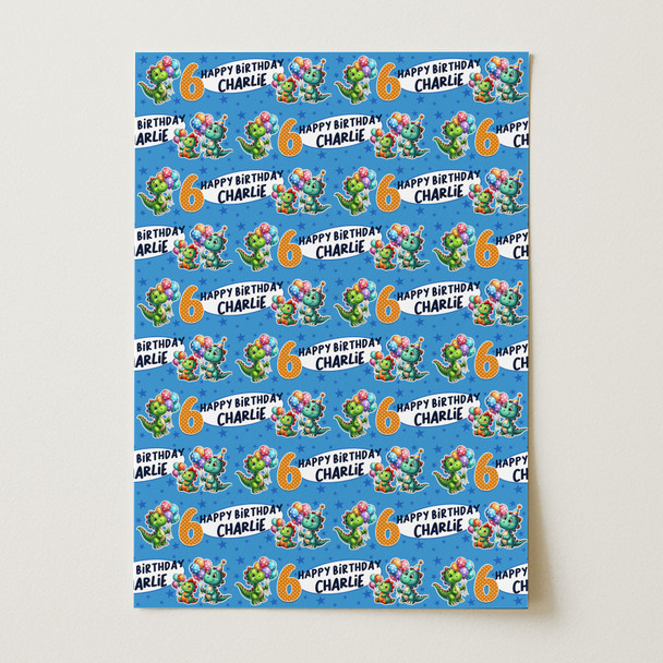 Personalised Wrapping Paper Kids Birthday Blue Dinosaurs Boys Custom Gift Wrap