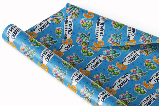 Personalised Wrapping Paper Kids Birthday Blue Dinosaurs Boys Custom Gift Wrap