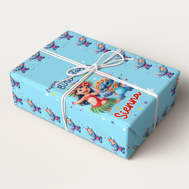 Personalised Wrapping Paper Kids Birthday Blue Lilo & Stitch Custom Gift Wrap