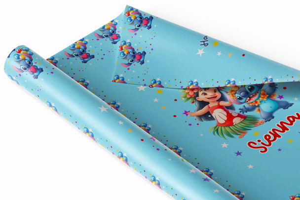 Personalised Wrapping Paper Kids Birthday Blue Lilo & Stitch Custom Gift Wrap