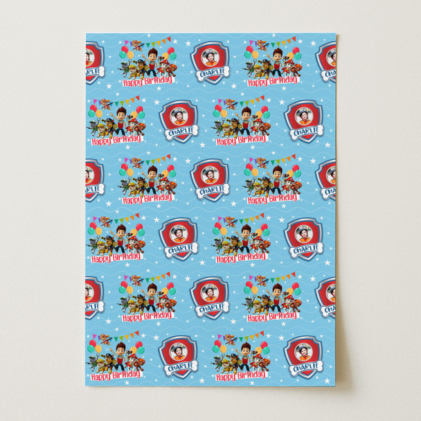 Personalised Wrapping Paper Kids Birthday Blue Paw Patrol Custom Gift Wrap