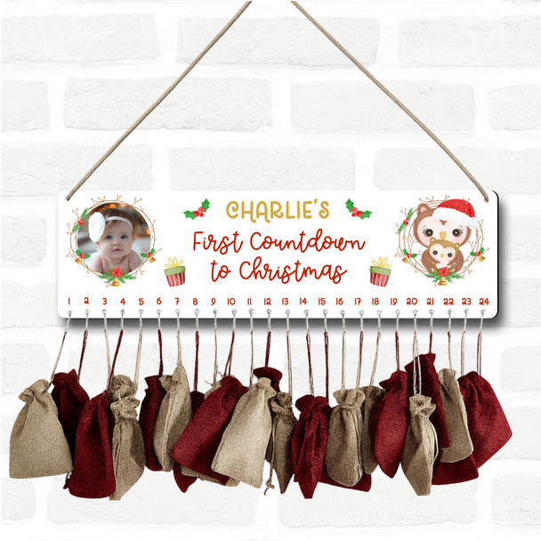 Personalised Christmas Advent Calendar Photo Babys 1st Owl Xmas Countdown Sign