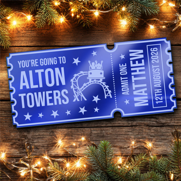 Blue Mirror Acrylic Ticket Alton Towers Theme Park Personalised Any Text Voucher