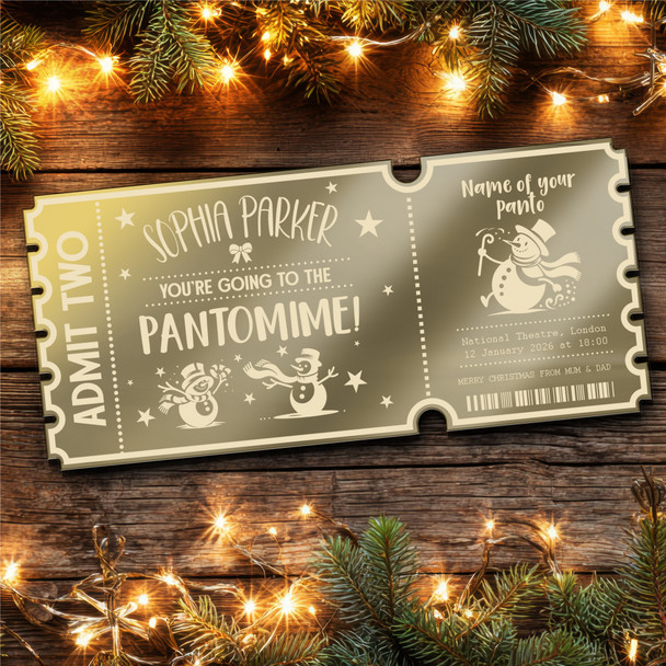 Bronze Mirror Acrylic Ticket Pantomime Snowmen Christmas Show Personalised