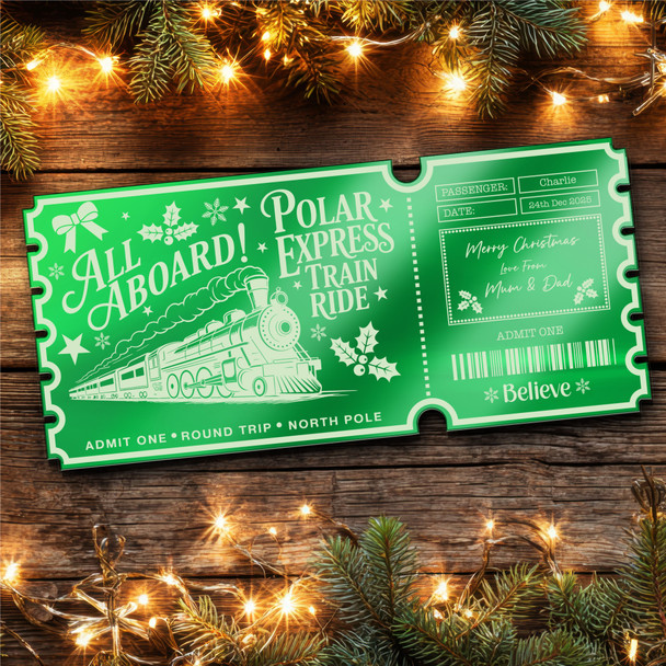 Green Mirror Acrylic Ticket Polar Express Train Christmas Personalised Any Text