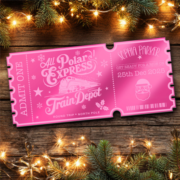 Pink Mirror Acrylic Ticket Polar Express Christmas Train Ride Personalised