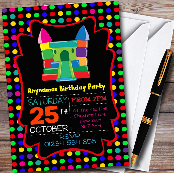 Black Colourful Bouncy Castle Personalised Childrens Birthday Party Invitations