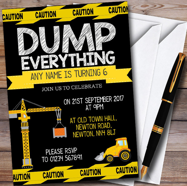 Black Dump Everything Digger Construction Childrens Birthday Party Invitations