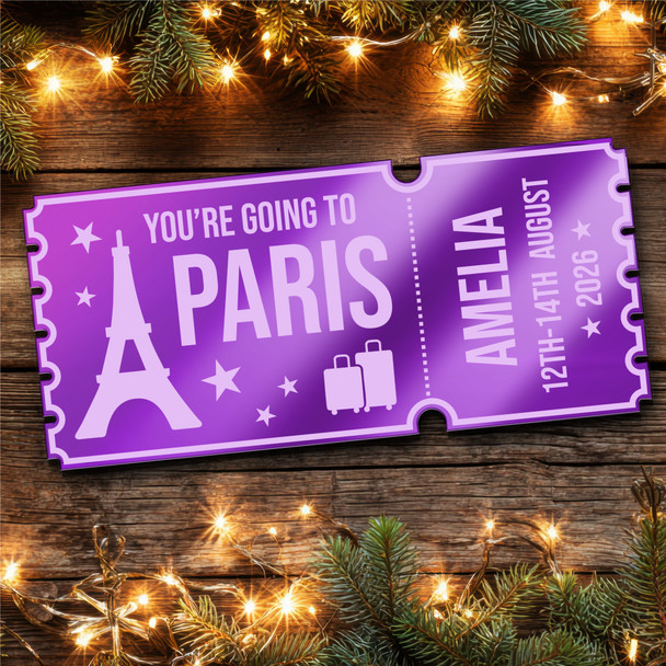 Purple Mirror Acrylic Ticket Paris Trip Holiday Personalised Any Text Voucher