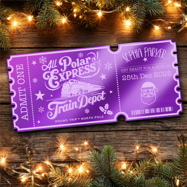 Purple Mirror Acrylic Ticket Polar Express Christmas Train Ride Personalised