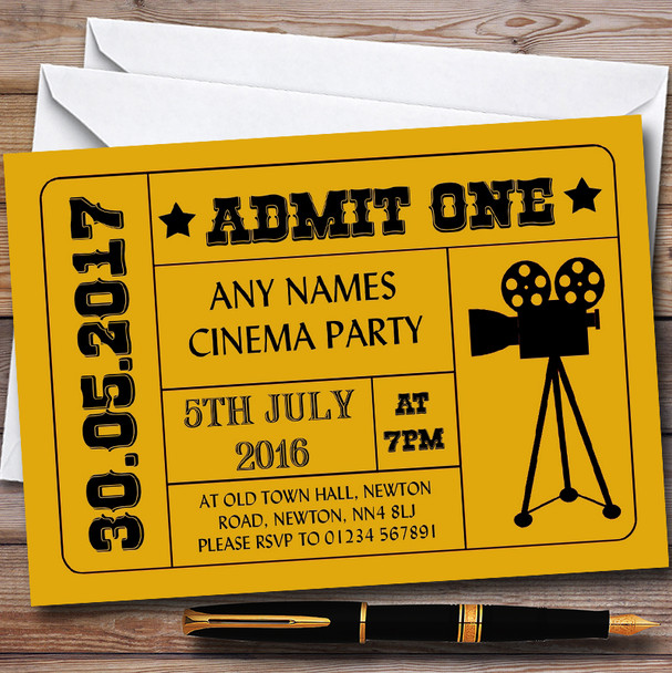 Golden Yellow Admit One Movie Film Cinema Childrens Birthday Party Invitations