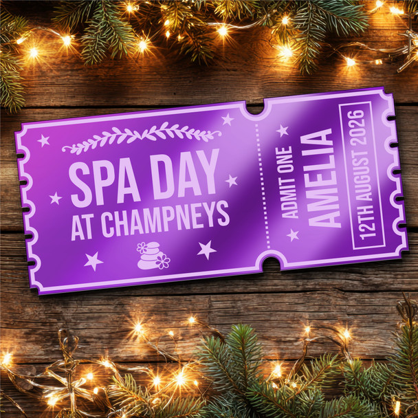 Purple Mirror Acrylic Ticket Spa Day Personalised Any Text Voucher