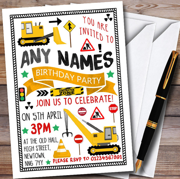 Building Digger Construction Personalised Childrens Birthday Party Invitations