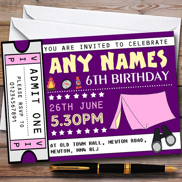 Girls Purple Camping Ticket Personalised Childrens Birthday Party Invitations