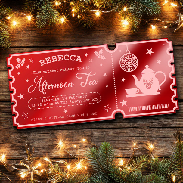 Red Mirror Acrylic Ticket Afternoon Tea Christmas Bauble Personalised Any Text