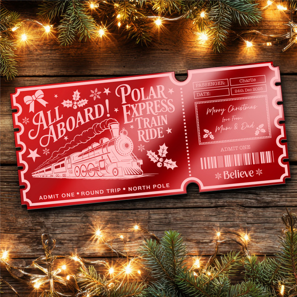 Red Mirror Acrylic Ticket Polar Express Train Christmas Personalised Any Text