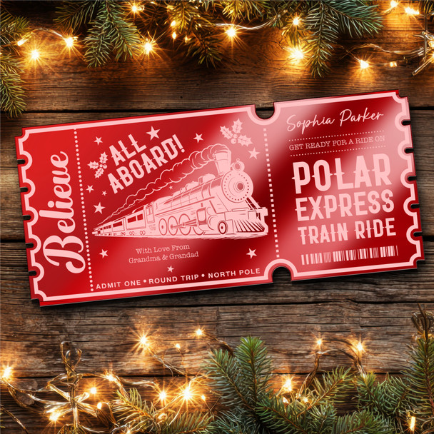 Red Mirror Acrylic Ticket Christmas Train Polar Express Personalised Any Text