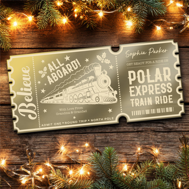 Red Mirror Acrylic Ticket Christmas Train Polar Express Personalised Any Text