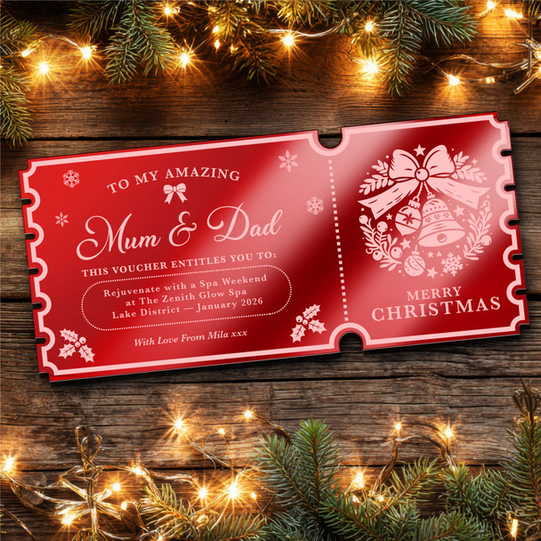 Red Mirror Acrylic Ticket Spa Weekend Break Christmas Personalised Any Text