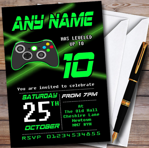 Green & Black Laser Gaming Personalised Childrens Birthday Party Invitations