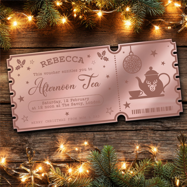 Rose Gold Mirror Acrylic Ticket Afternoon Tea Christmas Bauble Personalised