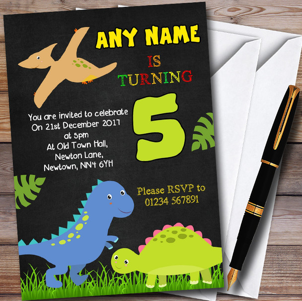 Chalk Style Cute Dinosaur Personalised Childrens Birthday Party Invitations