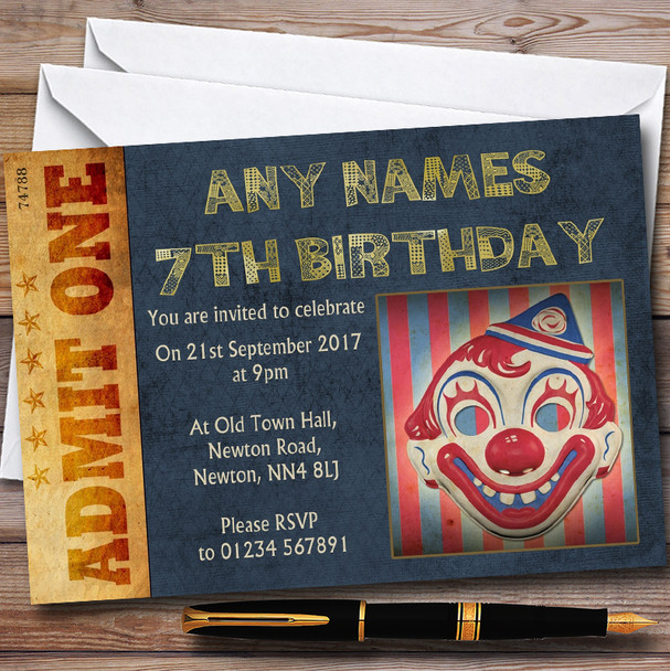 Clown Face Vintage Circus Personalised Childrens Birthday Party Invitations