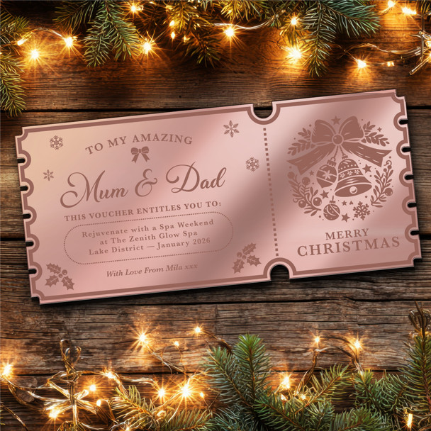 Rose Gold Mirror Acrylic Ticket Spa Weekend Break Christmas Personalised Voucher
