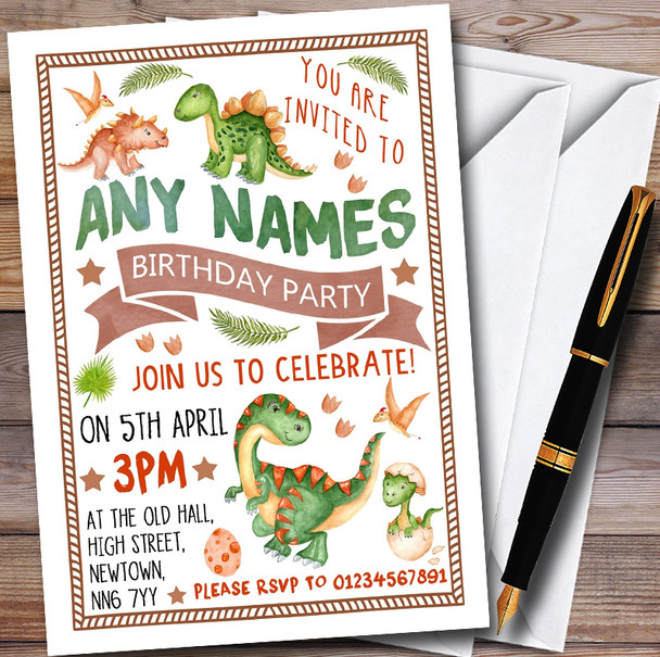 Cute Dinosaur Watercolour Personalised Childrens Birthday Party Invitations