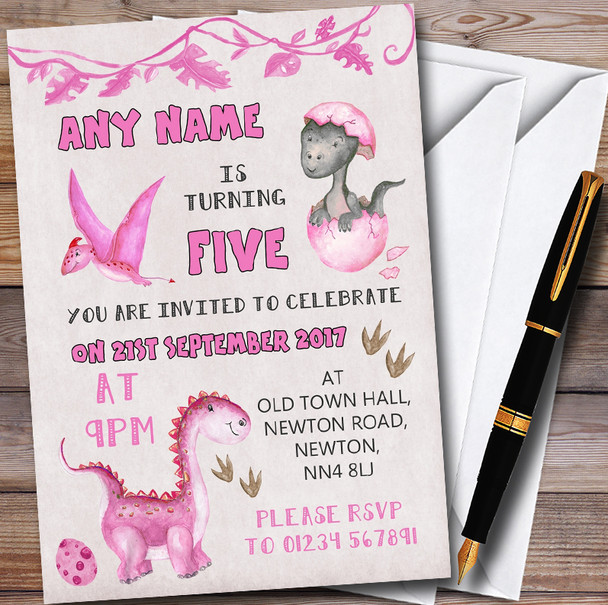 Watercolour Pink Dinosaur Personalised Childrens Birthday Party Invitations