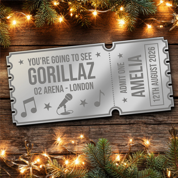 Silver Mirror Acrylic Ticket Gorillaz Band Concert Personalised Any Text Voucher