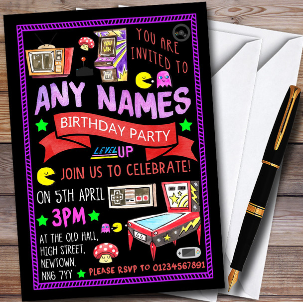 Black Retro Arcade Game Personalised Childrens Birthday Party Invitations