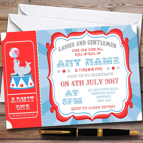 Blue & Coral Red Circus Personalised Childrens Birthday Party Invitations