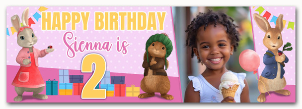 Personalised Party Banner For Kids Birthday Pink Peter Rabbit Photo