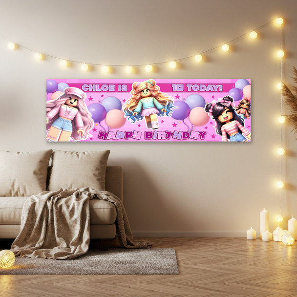 Personalised Party Banner For Kids Birthday Pink Roblox Girls