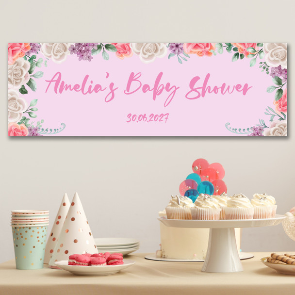 Personalised Party Banner For Baby Shower Flowers Pink