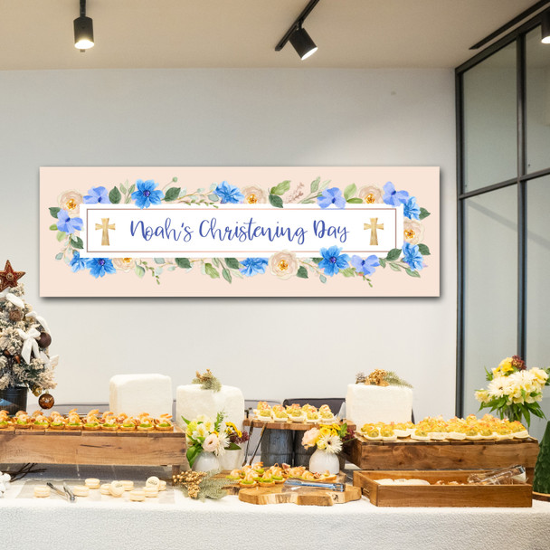 Personalised Party Banner For Christening Boy Blue Flowers Frame Cross