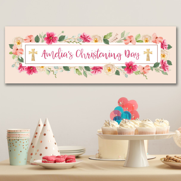 Personalised Party Banner For Christening Girl Pink Flowers Frame Cross