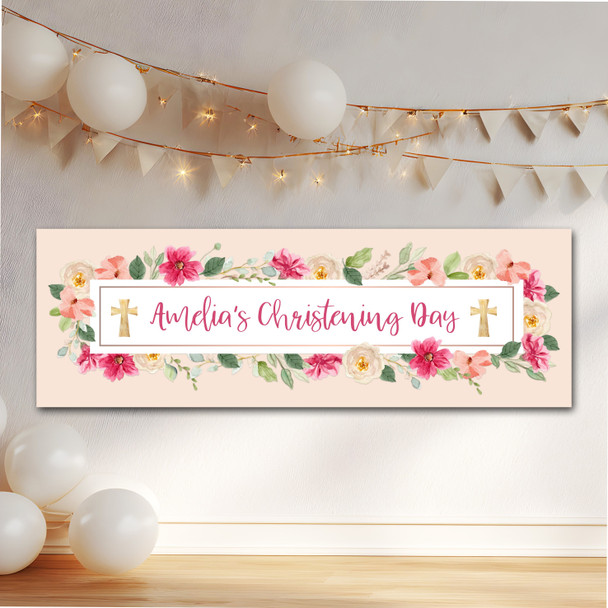 Personalised Party Banner For Christening Girl Pink Flowers Frame Cross