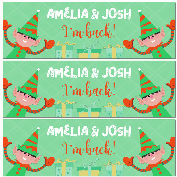 Personalised Party Banner For Christmas Elf Arrival I'm Back! Green Gift