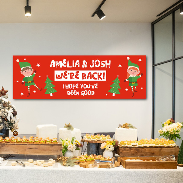 Personalised Party Banner For Christmas Elf Arrival We're Back! Green