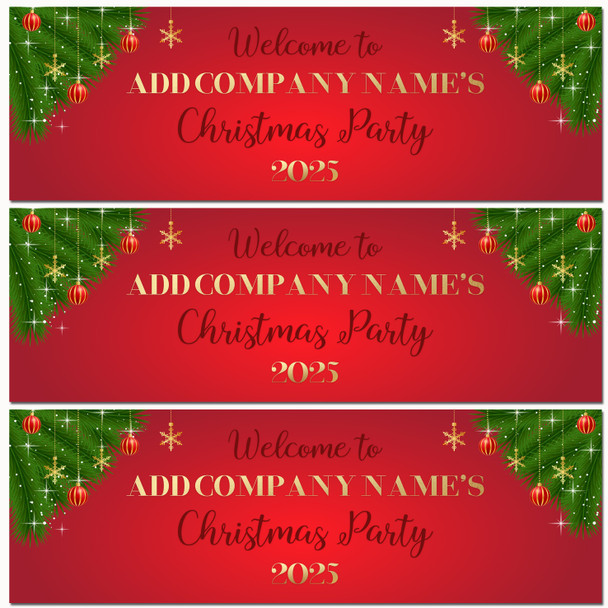Personalised Party Banner For Christmas Party Red Gold Baubles